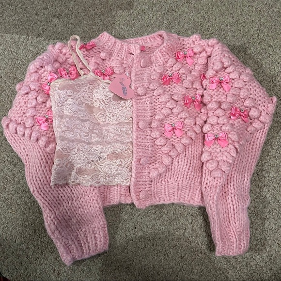 Dolls Kill Sugar Thrillz Coquette Bow Pink Cardigan - Picture 2 of 8